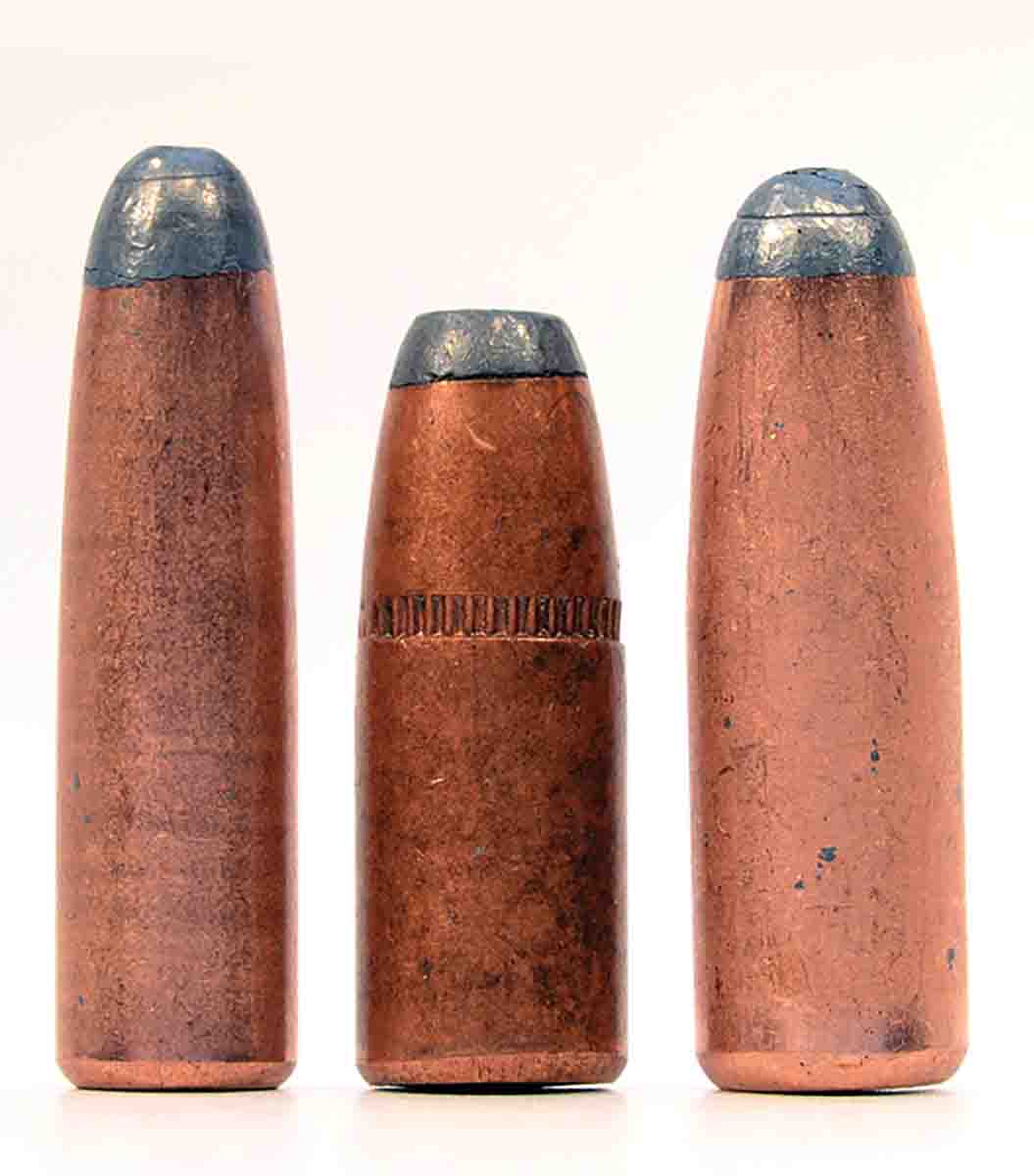 Hawk bullets include (left to right): a 160-grain, .286-inch semi-roundnose; a .32-caliber (.321-inch) 170-grain flatnose; and an 8mm (.323-inch) 200- grain roundnose. The .32 is especially useful because its cannelure is in the correct place for the .32-40.